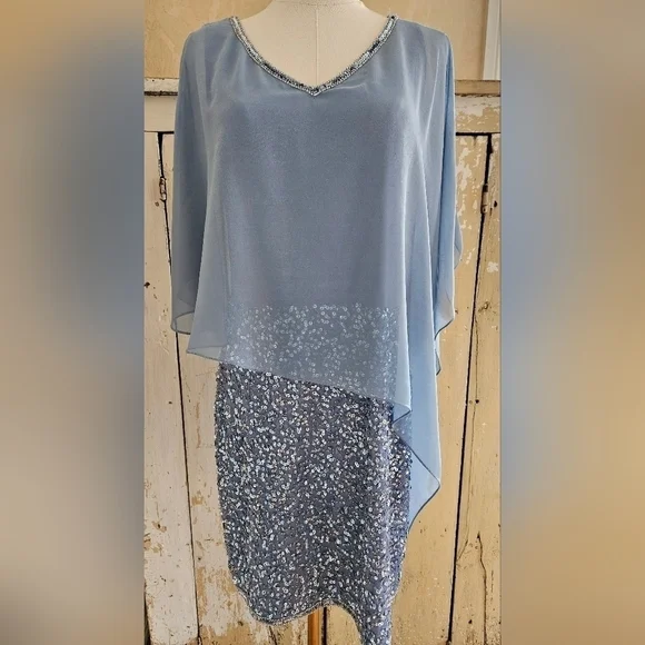 JKARA Blue Sequence Asymmetrical Cape/Shawl Flutter Sleeves Sheath Dress-Size 6P - Picture 1 of 9